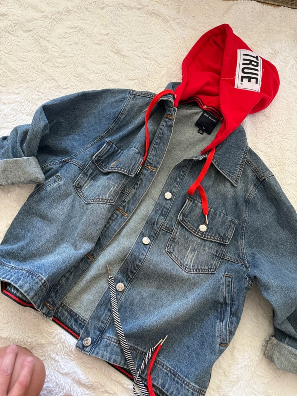 True Religion Blue Denim Jacket with Red Hood